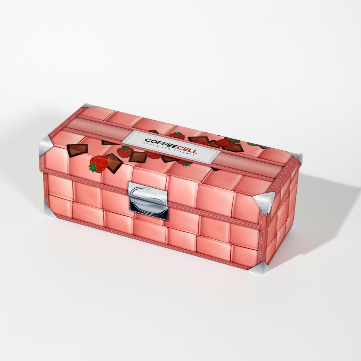 COFFEECELL — flip-top gift box with photographic trompe-l'oeil chest design and metal-look clasp print
