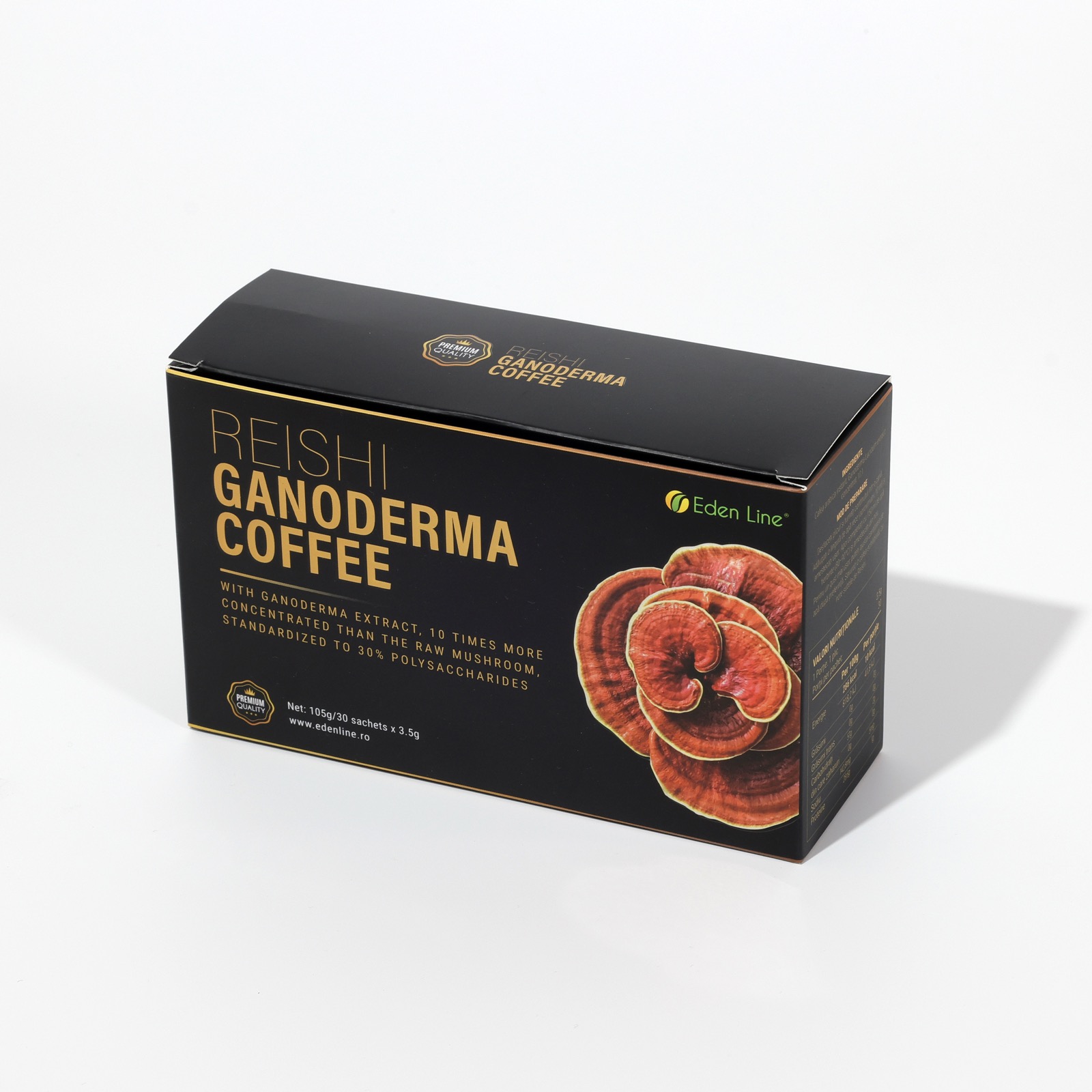 Eden Line Reishi Ganoderma Coffee — black and gold folding carton printed for export to Romania